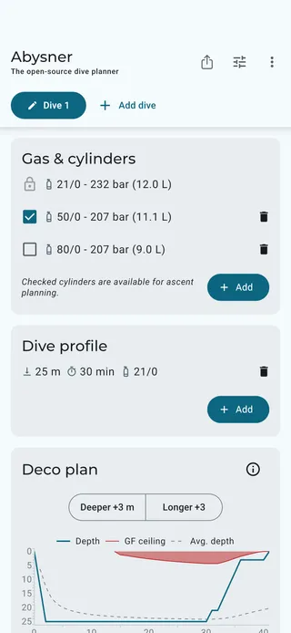 Abysner planner with gas, dive profile, and deco plan on one screen