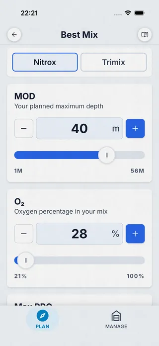 Dive Kit Best Mix nitrox input, depth and O₂ sliders