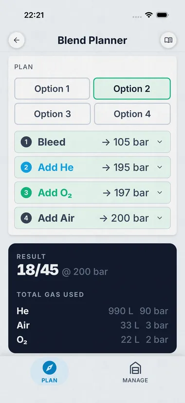 Dive Kit Blend Planner, step-by-step fill plan with bleed, add He, add O₂, add air