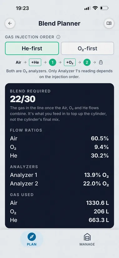 Dive Kit Blend Planner continuous mode, flow ratios and analyzer readings for a trimix blend