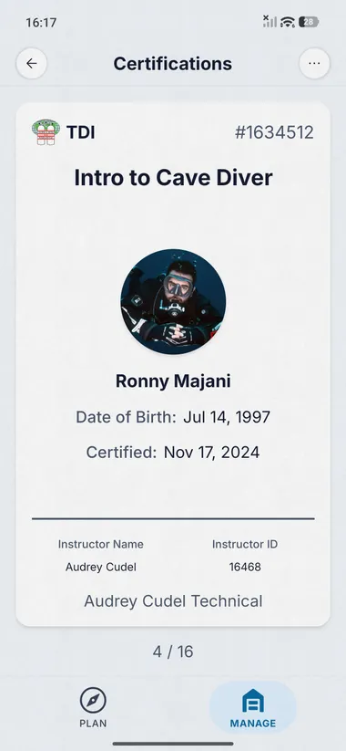 Dive Kit Certifications, TDI Intro to Cave Diver detail card with profile photo and instructor info