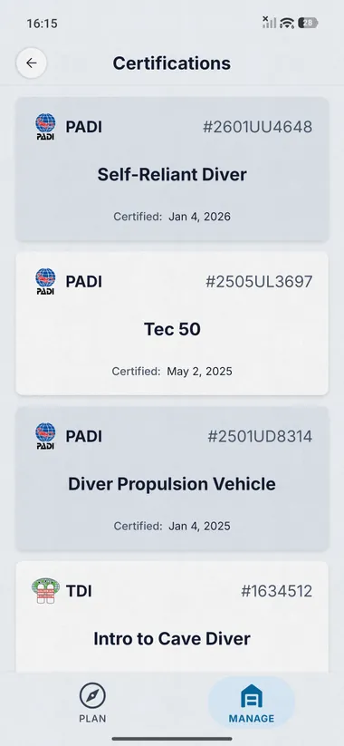 Dive Kit Certifications, list view with agency badges and dates