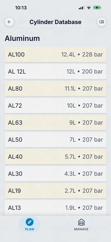 Dive Kit Cylinders database, aluminum cylinder list with volume and pressure