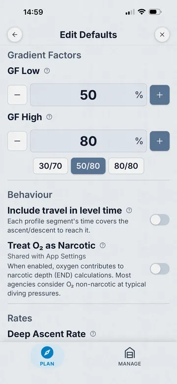 Dive Kit Deco Planner, Edit Defaults screen with oxygen breaks, gas density warnings, and warning thresholds