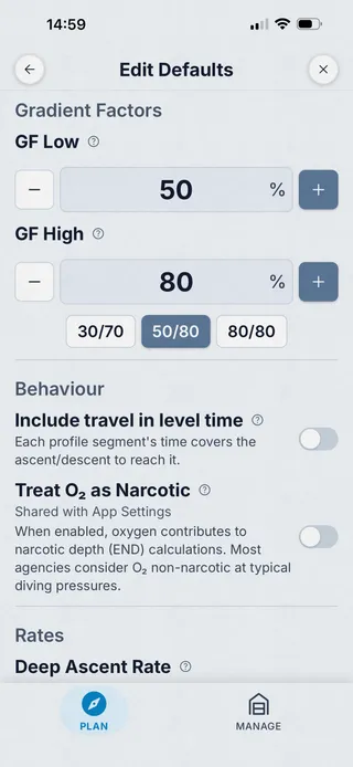 Deco Planner default settings screen with gradient factor controls