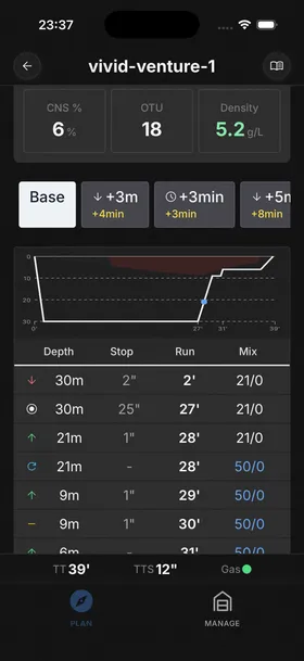 DiveKit Deco Planner on phone showing dive profile with decompression stops
