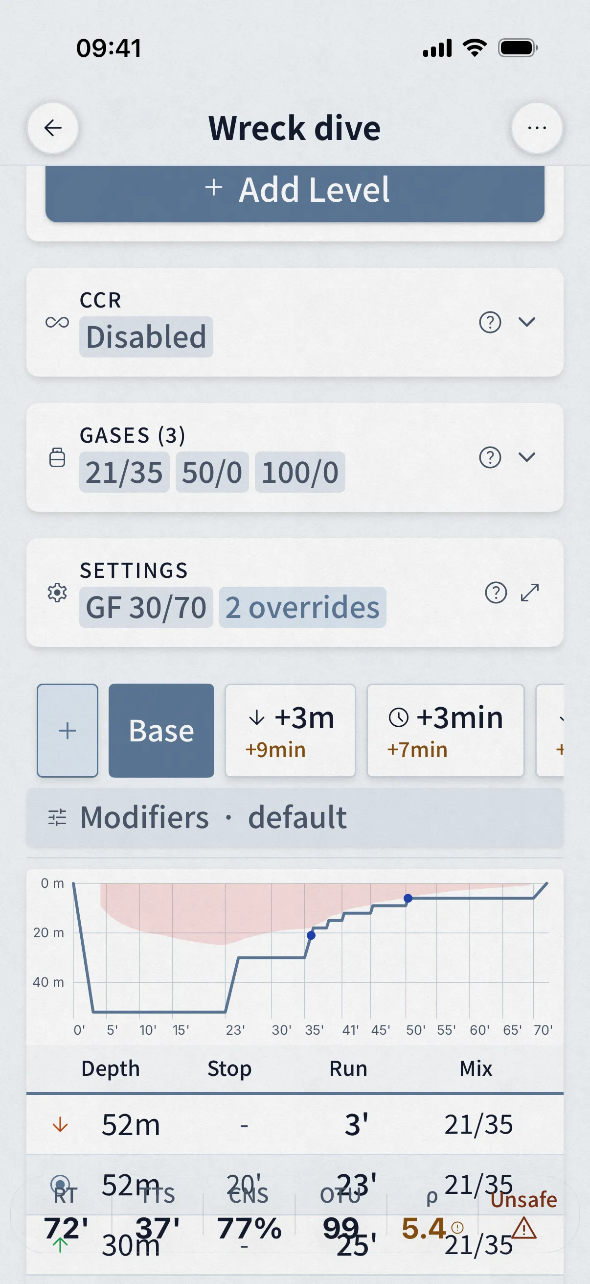 Dive Kit deco planner on a phone showing the dive profile graph, contingency tabs, and decompression schedule