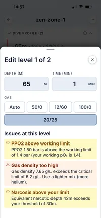 Dive Kit dive profile entry form with depth, time and gas selectors plus live PPO2, END, and density readouts