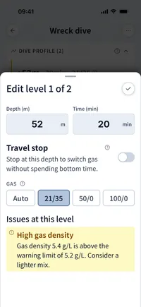 Dive Kit dive profile entry form with depth, time and gas selectors plus live PPO2, END, and density readouts