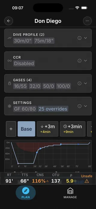 Dive Kit main planner screen showing Gases card, Dive Profile card, and live status bar