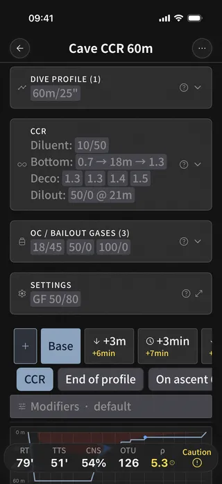 Dive Kit main planner screen showing Gases card, Dive Profile card, and live status bar