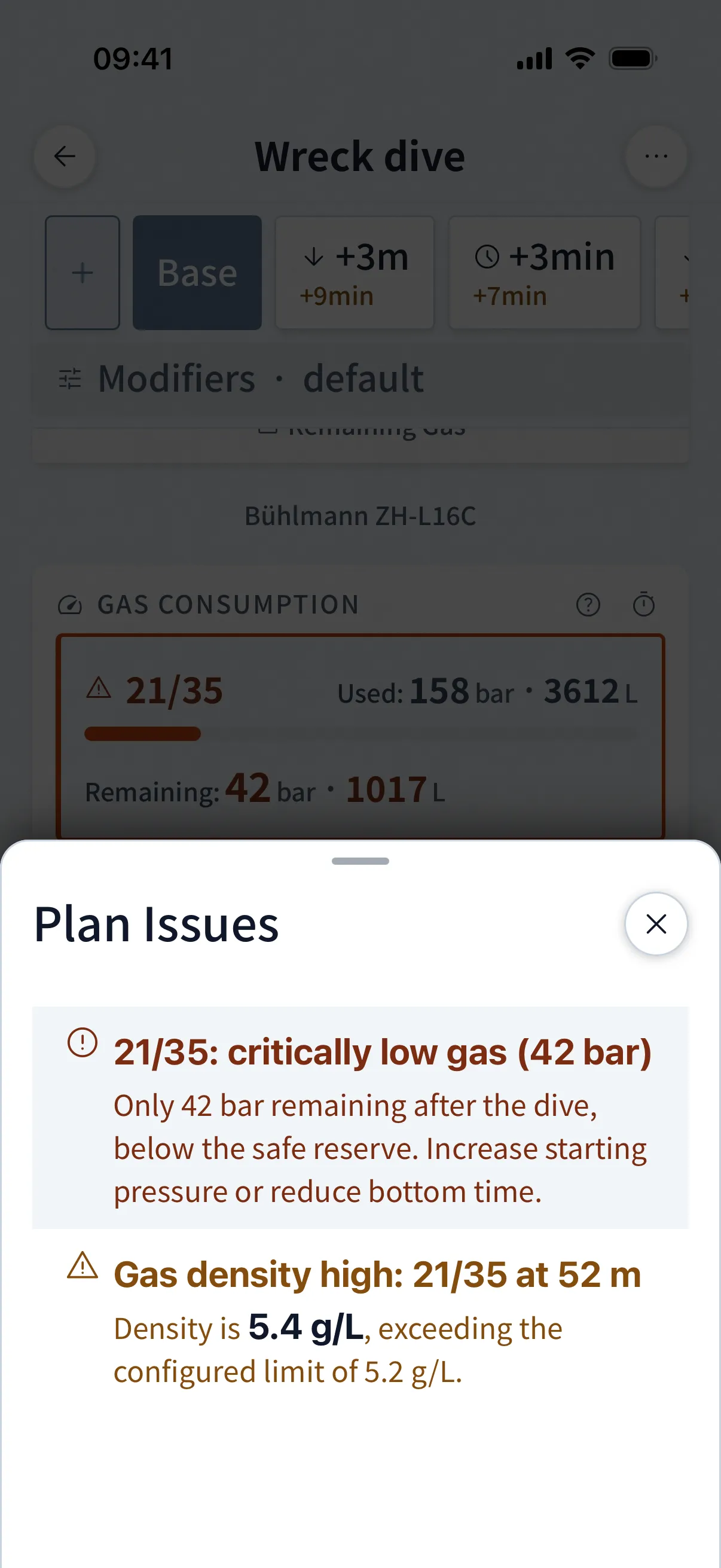 Dive Kit Plan Issues sheet listing two critical gas density warnings on a deep trimix plan