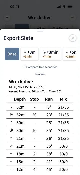 Dive Kit Export Slate sheet with contingency selector and printable underwater slate preview