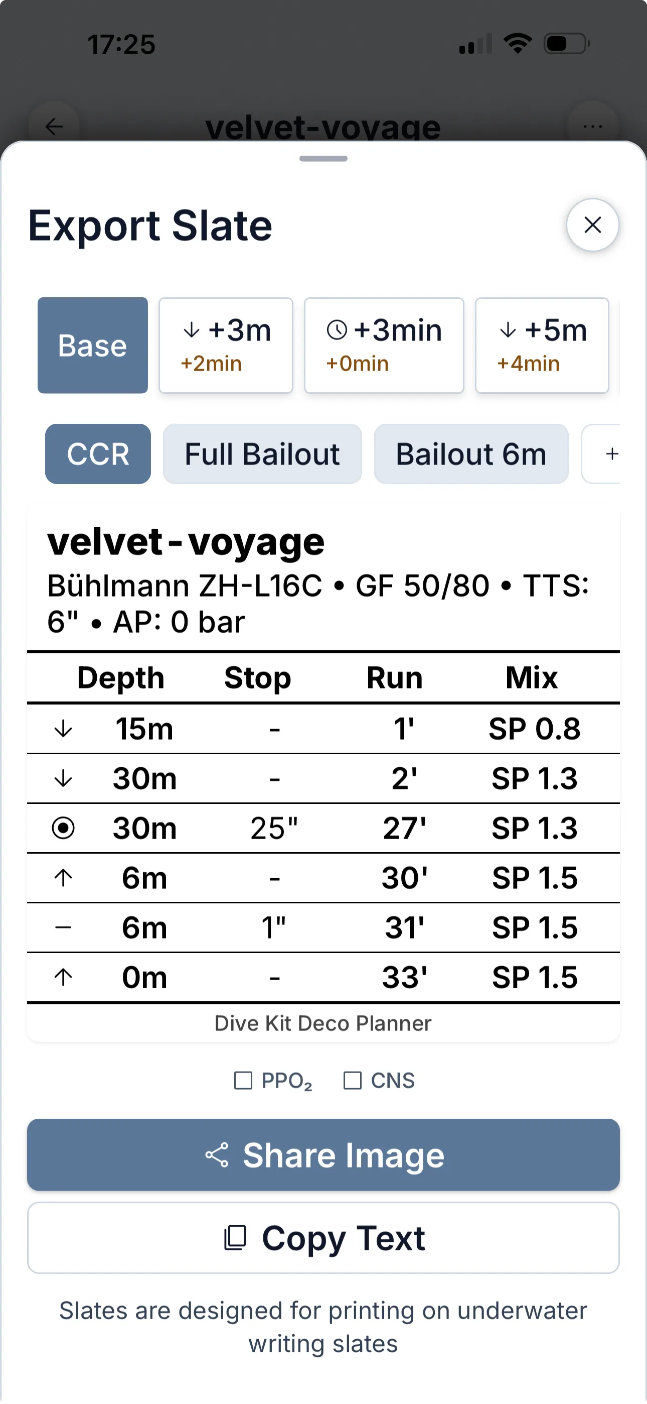 Dive Kit Slate Export screen with a printable deco schedule, exported as an image or A6-sized PDF