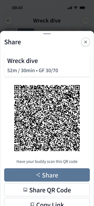 Dive Kit Share sheet with QR code for buddy plan sharing