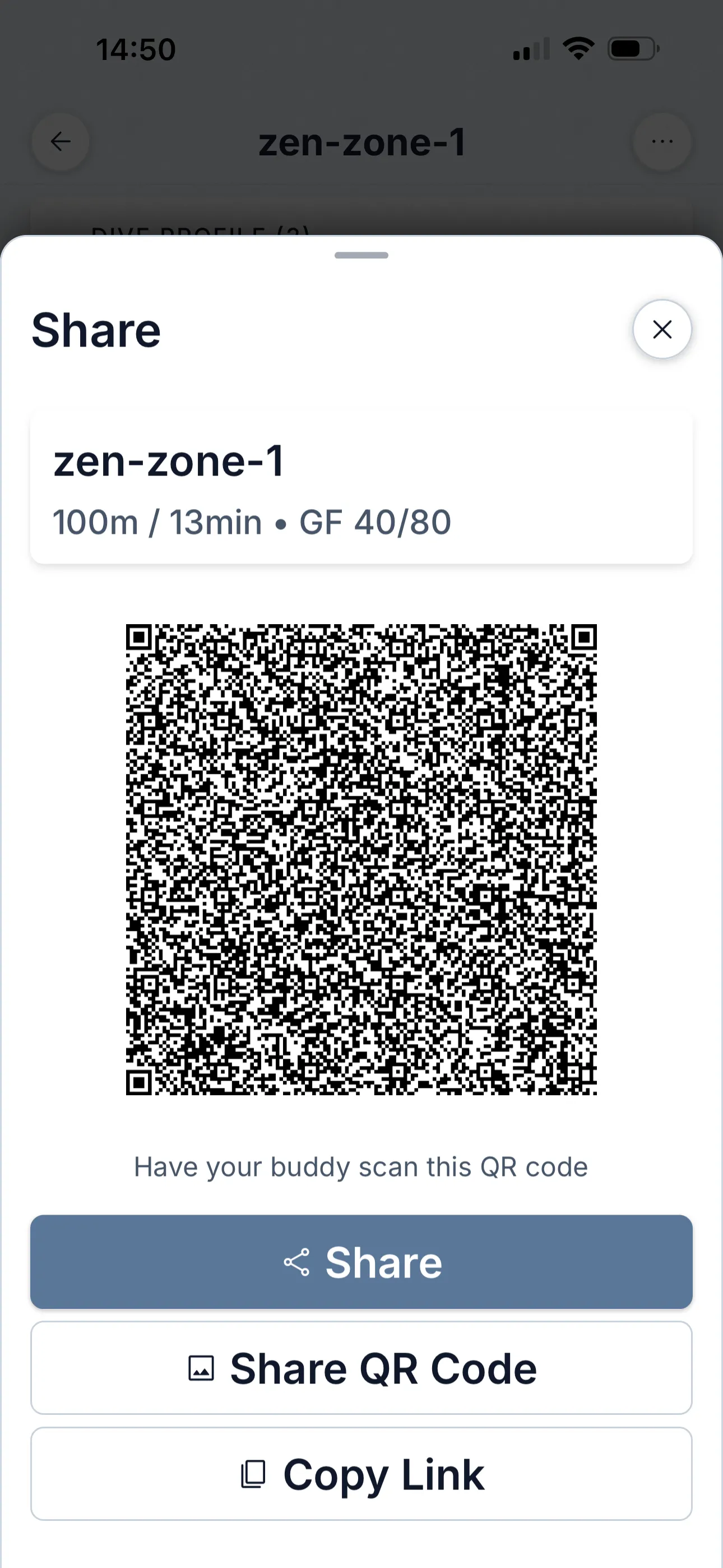 Dive Kit Share sheet with QR code and Export Slate sheet with printable underwater slate preview