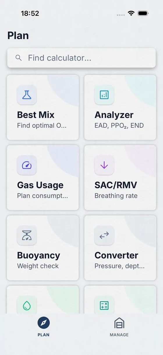 DiveKit app Plan screen showing dive calculator tools