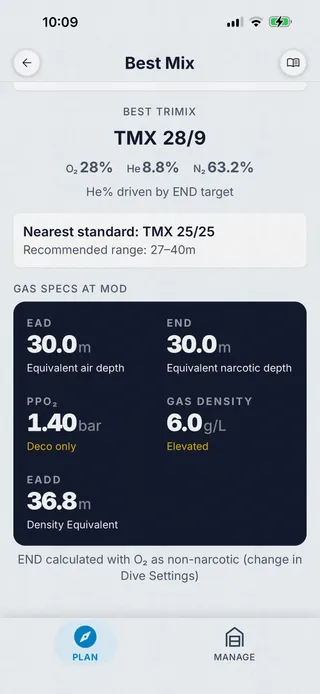 Best Mix calculator showing the optimal trimix for a planned depth