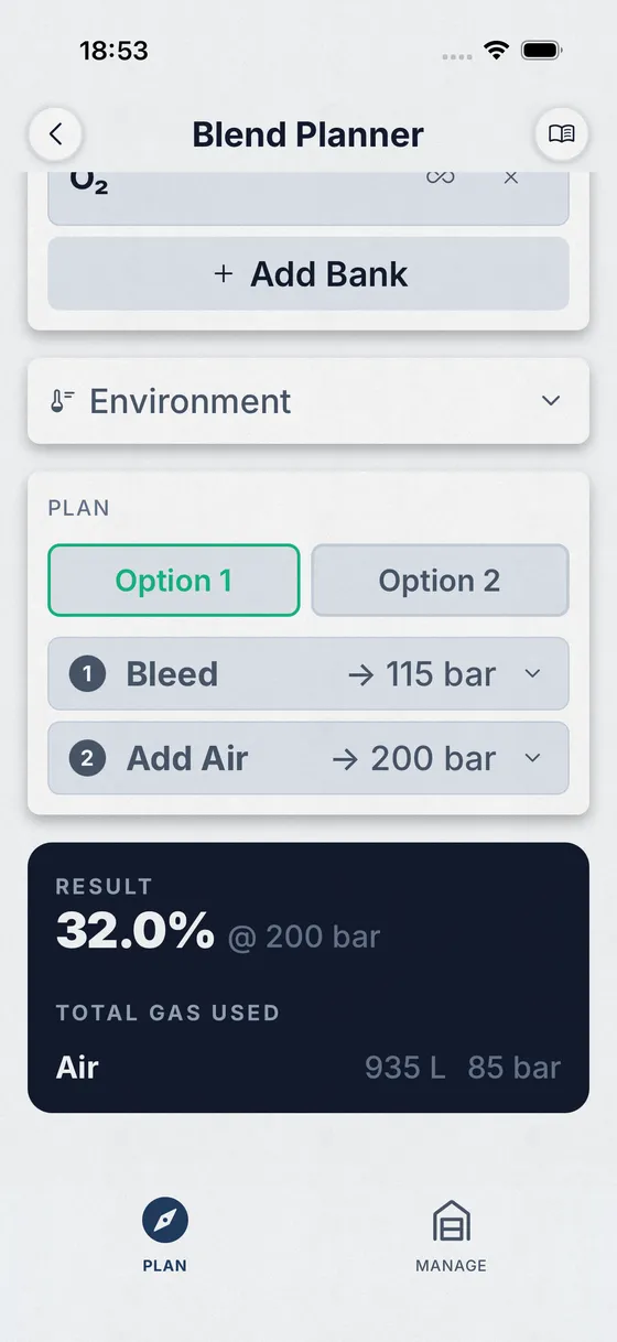 DiveKit Gas Blender showing step-by-step blending instructions
