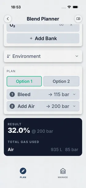 DiveKit Gas Blender showing step-by-step blending instructions