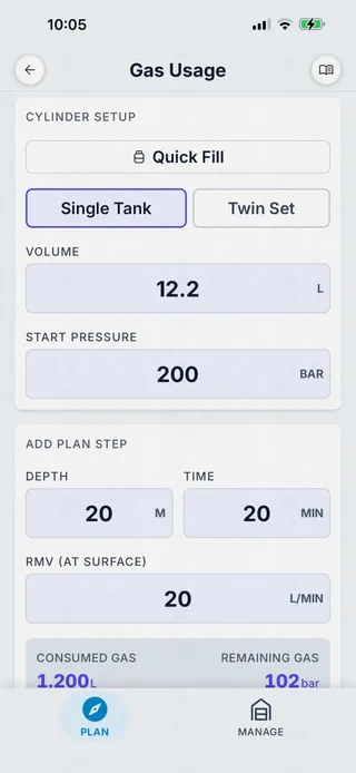 Dive Kit Gas Usage, cylinder setup with Single Tank / Twin Set