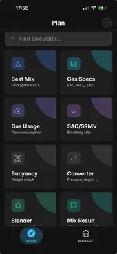 Dive Kit tools home screen