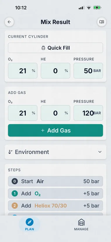 Dive Kit Mix Calculator, configure starting cylinder and add first gas