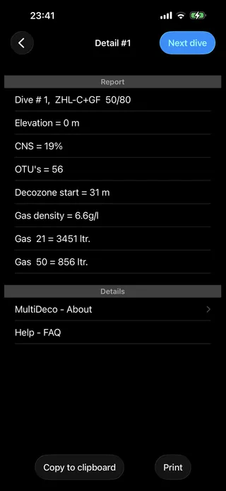 MultiDeco textual report listing CNS, OTU, decozone, gas density and gas usage
