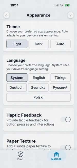 Dive Kit Settings, Appearance: theme, language, haptic feedback