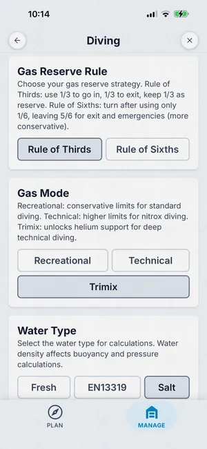 Dive Kit Settings, Diving: gas reserve rule, gas mode, water type