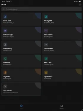 DiveKit app on tablet showing all dive planning tools