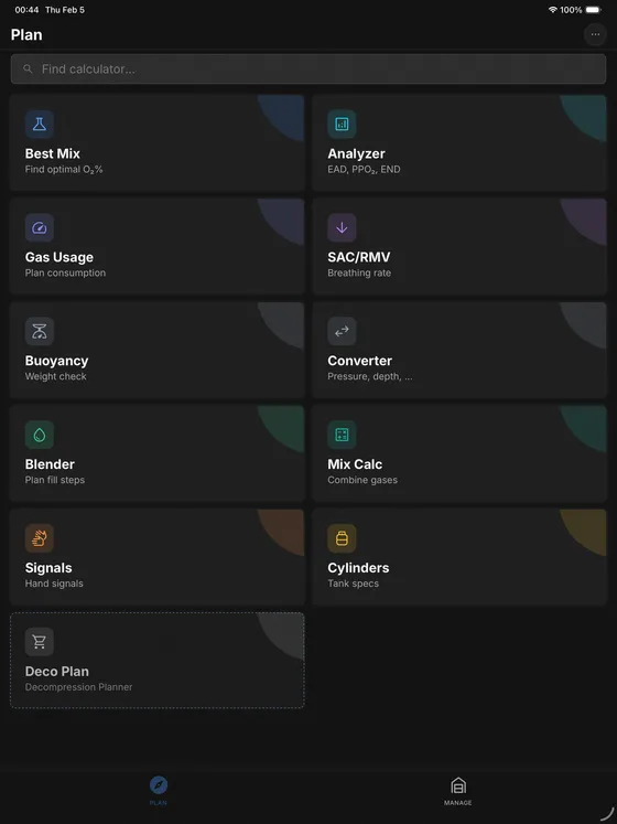 DiveKit app on tablet showing all dive planning tools