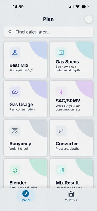 Dive Kit Plan dashboard with card grid for Best Mix, Gas Specs, Gas Usage, SAC/RMV, Buoyancy, Converter, Blender, and Mix Result