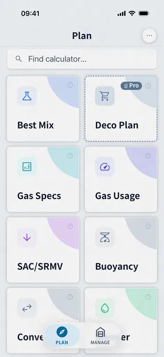 Dive Kit Plan dashboard with card grid for Best Mix, Gas Specs, Gas Usage, SAC/RMV, Buoyancy, Converter, Blender, and Mix Result